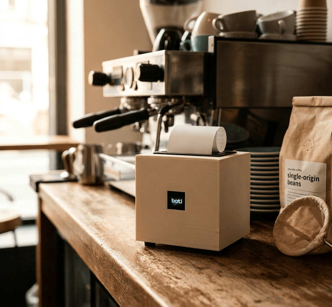 Botl printer on a shop counter